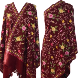 Damski bordowy wełniany szal merino z haftem w kwiaty