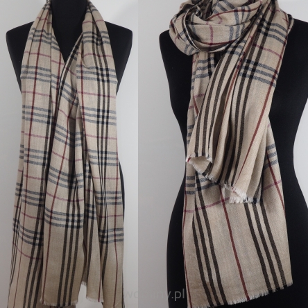Męski damski dwustronny beżowy szal w angielską kratę z wełny merynosów i jedwabiu 