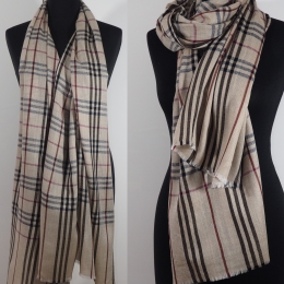 Męski damski dwustronny beżowy szal w angielską kratę z wełny merynosów i jedwabiu 