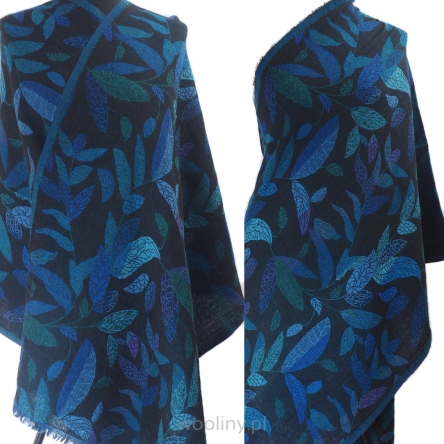 Elegancki granatowy damski szal w liście z wełny z merynosów