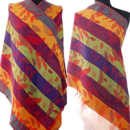 Damski wełniany szal czerwony dwustronny liście 