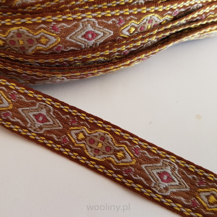 Tasiemka taśma żakardowa etno boho haftem 18mm  Brązowa