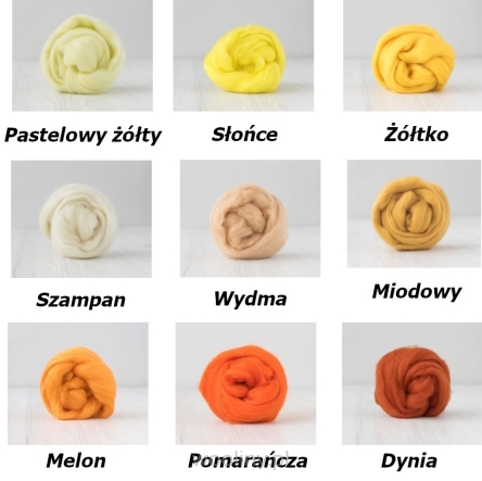 Zestaw SŁONECZNY wełny czesanki australijskiej 19mic 10 kolorów