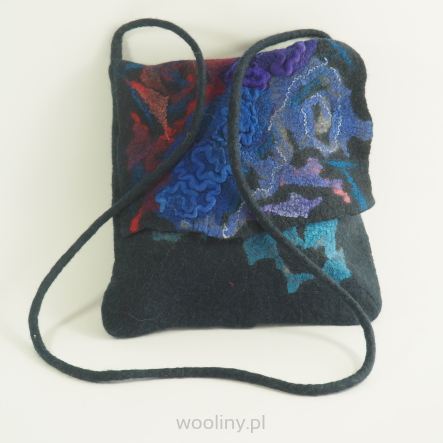 Torba granatowa z wełny z jedwabną aplikacją, handmade.