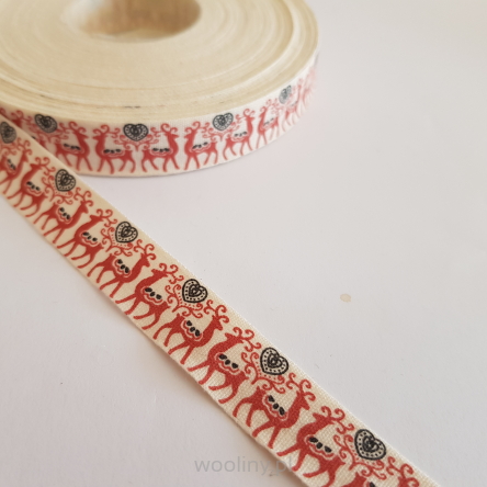 Tasiemka świąteczna bawełniana 15mm Czerwone renifery