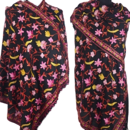 Damski wełniany szal merinos haftowane kolorwe kwiaty